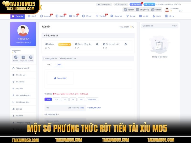 Một số phương thức rút tiền tài xỉu MD5